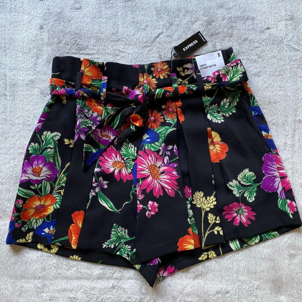 Express High Waist Pleated Colorful Floral Shorts NWT